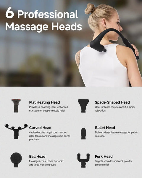 Woman using Upgraded 2 In 1 Massage Gun With Heat For Deep Tissue Back And Neck Relief Extension Handle, 6 interchangeable heads