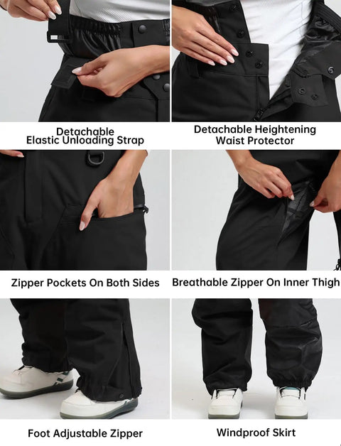 Womens Baggy Ski Bibs And Snowboard Pants Waterproof Windproof Insulated Overalls with adjustable features and zippers.