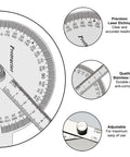 Heavy Duty Stainless Steel Angle Protractor With Two Smooth Sliding Arms For No Sweat Adjustments Built For Serious Woodworking and Machinist Layout Work Featuring Dual Metric And Imperial Scale With Laser Etched Markings For Top Shelf Accuracy On Any showing precision measurements and adjustable design.