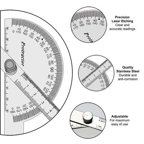 Heavy Duty Stainless Steel Angle Protractor With Two Smooth Sliding Arms For No Sweat Adjustments Built For Serious Woodworking and Machinist Layout Work Featuring Dual Metric And Imperial Scale With Laser Etched Markings For Top Shelf Accuracy On Any showing precision measurements and adjustable design.