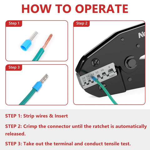 Instruction guide showing Ferrule Crimping Tool For 24-8 AWG Wire, steps for crimping ferrule connectors onto electrical wire terminals