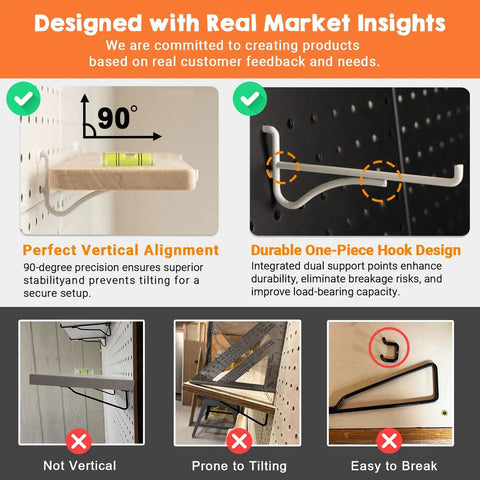 Diagram showing the Two Pack Solid Wood Pegboard Shelf Set With No Tilt Balance Twelve By Four Inch Shelves Fit One Quarter Inch Pegboards For Display Craft Garage Workbench And Office Organization Holds Up To Fifteen Pounds, highlighting vertical alignment and hook design.