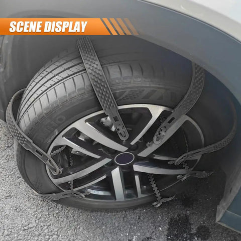 Built Tough Universal Car Snow Tire Chains Reusable Tpu Anti Skid Grips mounted on an SUV tire for winter traction.