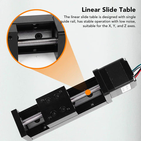 100mm Stroke Linear Slide Table For CNC Router And Optical Measurement, 28 Stepper Motor, Single Rail Linear Motion Stage, 1.8 Degree Step Angle, Beefy Alloy Construction For Ultra Solid Precision And Vibration Dampening. black alloy linear slide table with single rail and stepper motor