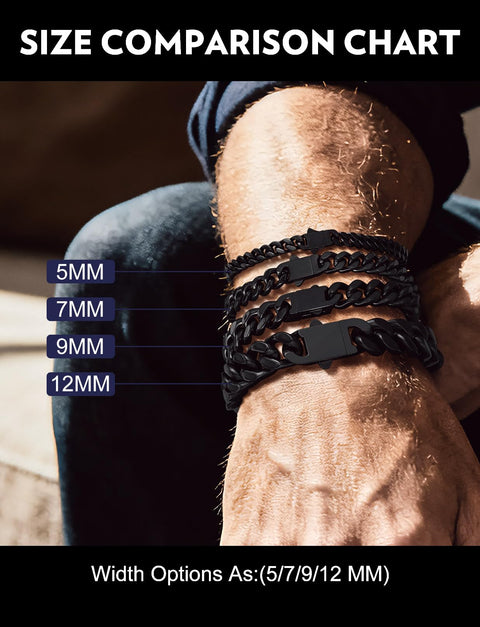 Black Stainless Steel Cuban Link Chain Bracelet For Men And Women 7mm Rope Chain With Fold Over Clasp Unisex Wrist Bling Jewelry Durable Shine Miami Vibe Everyday Wear size comparison chart