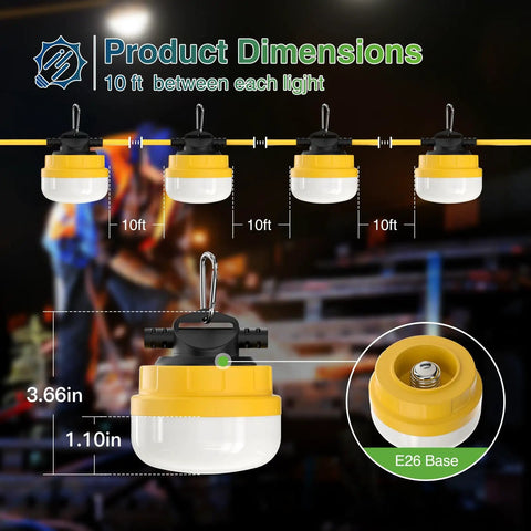 100Ft Construction String Lights For Job Sites, Powerful 100W Work Light Delivering 12000LM, IP65 Weatherproof E26 Bulbs
