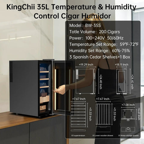 Beast 35L Temperature Humidity Control Cabinet with Spanish cedar shelves, shown open with hygrometer, ideal for cigars.