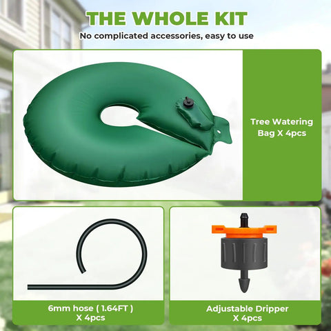 15 Gallon Tree Watering Bags Set Of 4 With Rings Slow Release Water For 1 To 7 Days Deep Root Automatic Drip Irrigation System For Multi Trunk Newly Planted Trees And Shrubs shown with hose and drip components