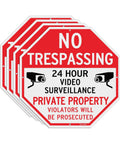 Set of four reflective 10 inch aluminum No Trespassing signs with pre-drilled holes for easy mounting, clear video surveillance warnings.