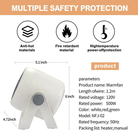 Compact Ceramic Heater With Fast 1000W Heating And Fan Modes, side view showing dimensions and safety features