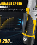 Variable speed trigger close-up on 3/8 Inch Cordless Ratchet Wrench Set With 60 Ft Lbs Torque 12V Power Variable Speed LED Light, chart visible