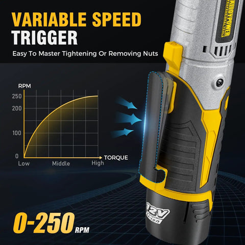 Variable speed trigger close-up on 3/8 Inch Cordless Ratchet Wrench Set With 60 Ft Lbs Torque 12V Power Variable Speed LED Light, chart visible