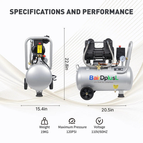 BairDplusL 8 Gallon Ultra Quiet Air Compressor, 1.5HP 115PSI Oil-Free Pump, 70DB Low Noise Level, Portable Steel Tank With Wheels For Auto Repair And Woodworking Jobs
