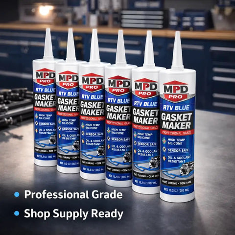 Five bottles of Blue High Temp RTV Gasket Maker Sealant For Valve Covers And Oil Pans, Sensor Safe And Oil Or Coolant Resistant, Perfect For Water Pumps And Rigid Flange Assemblies, 2 Pack Engine Bay Ready No Fuss And Stays Flexible In Heat And Vibration displayed on a workshop table.