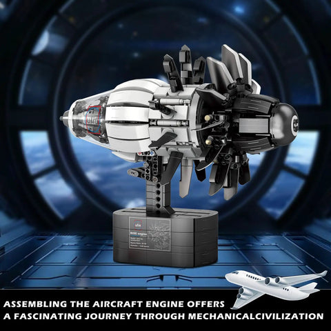 Motorized Jet Turbofan Engine Model Kit With 1351 Pieces showcased in a futuristic setting, emphasizing realistic build features.