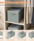 Four Pack Gray Closet Organizers And Storage Bins Heavy Duty Fabric wardrobe dividers on a shelf, showcasing installation steps.