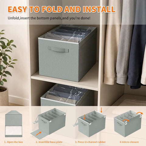 Four Pack Gray Closet Organizers And Storage Bins Heavy Duty Fabric wardrobe dividers on a shelf, showcasing installation steps.