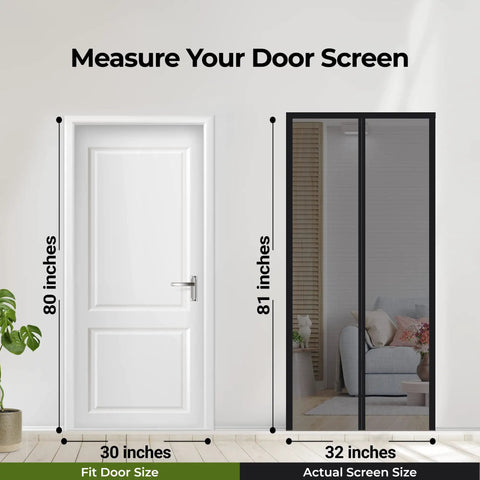 Self Sealing Magnetic Screen Door For Pets And Kids With Hands Free Entry Keeps Bugs Out Heavy Duty Mesh Curtain Flame Resistant Black 30 By 80 Inches Easy To Install Durable Pet And Kid Friendly Sliding Screen Door displayed next to standard white door with dimensions for comparison