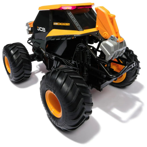 Rear view of Digatron One Fifteen Scale RC Monster Truck with large wheels, orange and black design for indoor and outdoor play.