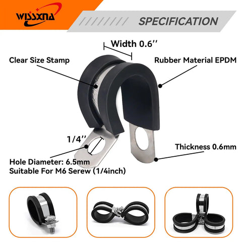 52 Piece Stainless Steel Cable Clamps Set Cushioned Rubber Insulated Clips with EPDM Rubber and Size Details