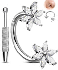 Must-Have Flower 20G Horseshoe Nose Ring Kit With Ball Grabber Tool And Double-Ended Push-Pin, 316L Stainless Steel CZ
