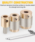 Stained Glass Diamond Grinder Bit Set With Brass Core, Three Sizes In One Pack, One Inch, Three Quarter Inch, One Quarter Inch, Chrome Plated Drill Bits, Includes Allen Wrenches For DIY Glass Art And Mosaic Projects, shown with Allen wrenches.