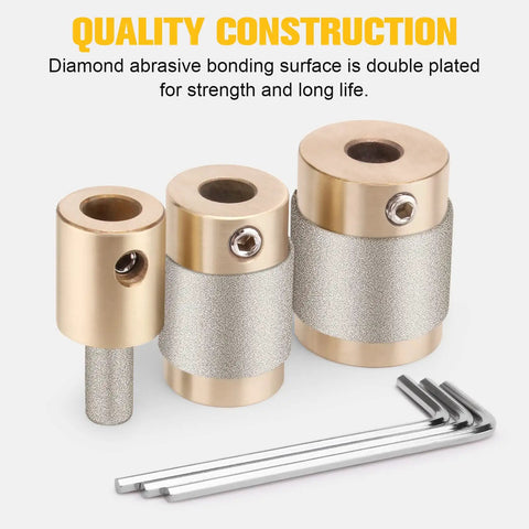 Stained Glass Diamond Grinder Bit Set With Brass Core, Three Sizes In One Pack, One Inch, Three Quarter Inch, One Quarter Inch, Chrome Plated Drill Bits, Includes Allen Wrenches For DIY Glass Art And Mosaic Projects, shown with Allen wrenches.