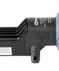 Side view of Gulper 220 24V Graywater Pump for Shower Waste Hair and Gel, 3.5 GPM, with blue valve cap and dual outlet nozzles