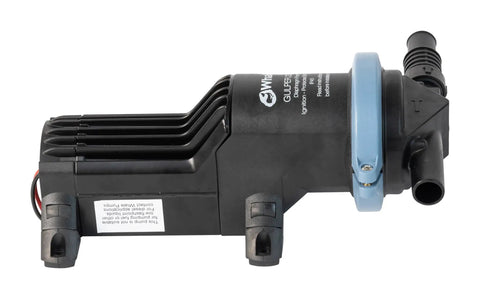 Side view of Gulper 220 24V Graywater Pump for Shower Waste Hair and Gel, 3.5 GPM, with blue valve cap and dual outlet nozzles