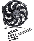 Awesome 11 Inch Electric Radiator Cooling Fan With Shroud, black fan with installation parts, reversible puller or pusher setup for custom rides.