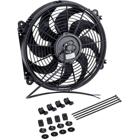 Awesome 11 Inch Electric Radiator Cooling Fan With Shroud, black fan with installation parts, reversible puller or pusher setup for custom rides.