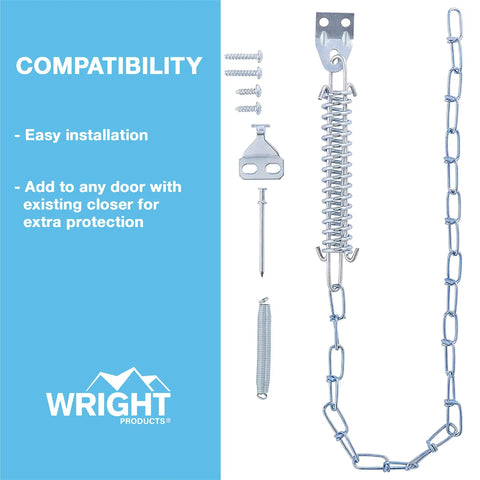 Heavy Grit Zinc Steel Wind Chain For Storm And Full View Screen Doors Adjustable Shock Absorber Retainer with installation hardware.