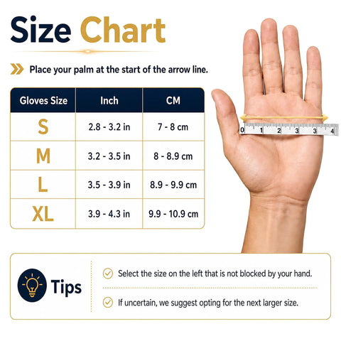 Size chart for Top Shelf Disposable Clear Vinyl Exam Gloves Medical Grade Xl 100 Count Pack showing size measurements.