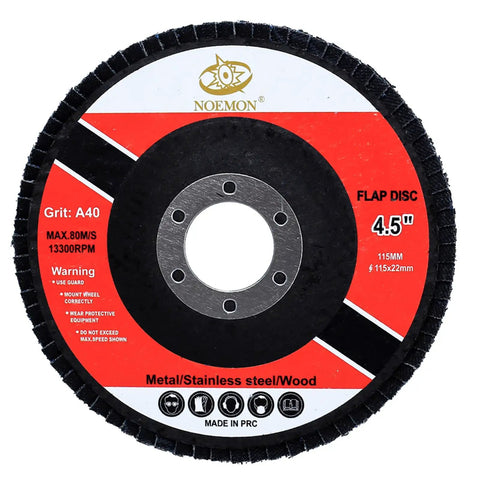 Close-up of a 4.5-inch red and black flap disc for metal and wood, with center hole for 7/8 inch arbor, part of 28 Pack 4 And A Half Inch Flap Discs Type 27 For Angle Grinder Zirconia High Density 40 60 80 120 Grits Seven Eighths Inch Arbor Dope Value Set For Heavy Duty Metal Sanding And Blending.