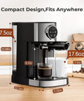 No Fuss Compact Espresso Machine With Real 20 Bar Pressure And Quick Thermo Block Heating Stainless Steel Coffee Maker showing dimensions and features.