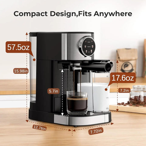 No Fuss Compact Espresso Machine With Real 20 Bar Pressure And Quick Thermo Block Heating Stainless Steel Coffee Maker showing dimensions and features.