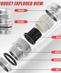 Exploded view of Set Of Four Nickel Plated Copper Waterproof Cable Glands NPT Half Inch Heavy Duty Adjustable 6 To 12 Mm Cable Gland Protectors.
