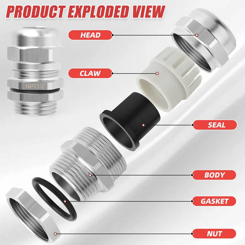 Exploded view of Set Of Four Nickel Plated Copper Waterproof Cable Glands NPT Half Inch Heavy Duty Adjustable 6 To 12 Mm Cable Gland Protectors.