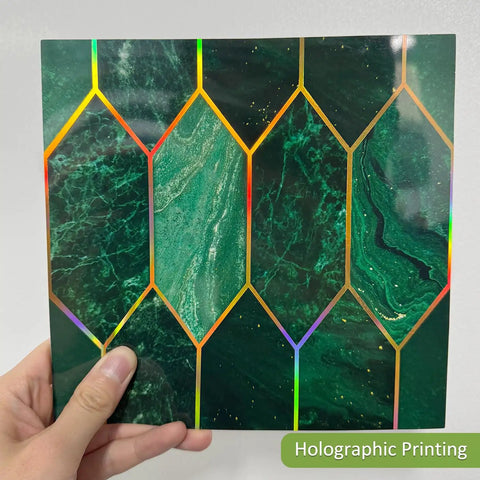 Emerald Holographic Hexagon Peel And Stick Backsplash Tiles Art Deco Self Adhesive PVC, held in hand showing design detail.