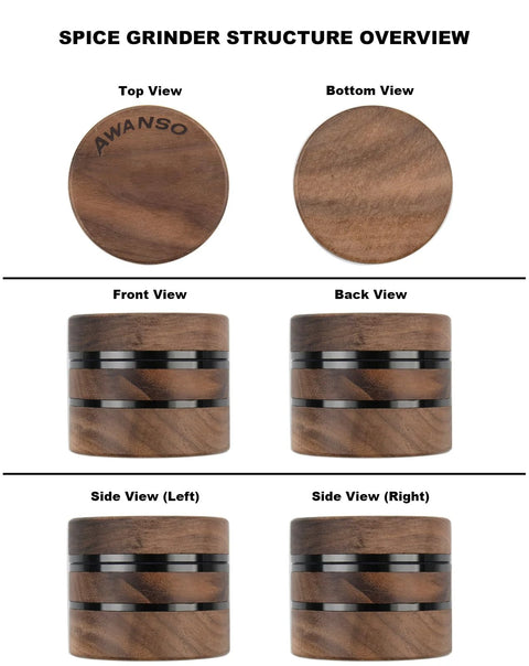 AWANSO 3-piece grinder, 2.5-inch walnut wood with aluminum, top view
AWANSO 3-piece grinder, walnut wood with aluminum bands, bottom view
AWANSO 3-piece grinder, walnut wood with black aluminum bands, front view
AWANSO 3-piece grinder, walnut wood with black aluminum bands, back view
AWANSO 3-piece grinder, walnut wood with black bands, left side view
AWANSO 3-piece grinder, walnut wood with black bands, right side view