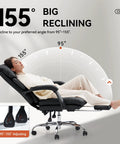 Woman reclining in Ergonomic Executive Office Chair With Recline And Pullout Footrest, 155-degree angle demonstrated.