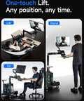 Level Up Your Setup With One Touch Electric Height Adjustable Mobile Gaming Desk Featuring Floating Shelf Dedicated CPU Stand Three Posture Modes And Built In Power Strip showing Lie, Stand, and Sit modes.