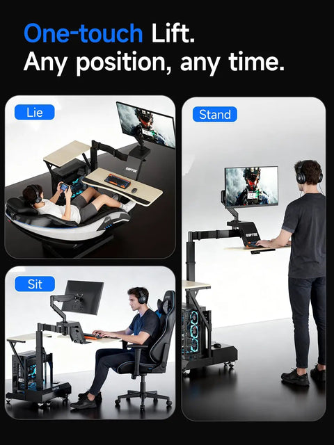 Level Up Your Setup With One Touch Electric Height Adjustable Mobile Gaming Desk Featuring Floating Shelf Dedicated CPU Stand Three Posture Modes And Built In Power Strip showing Lie, Stand, and Sit modes.