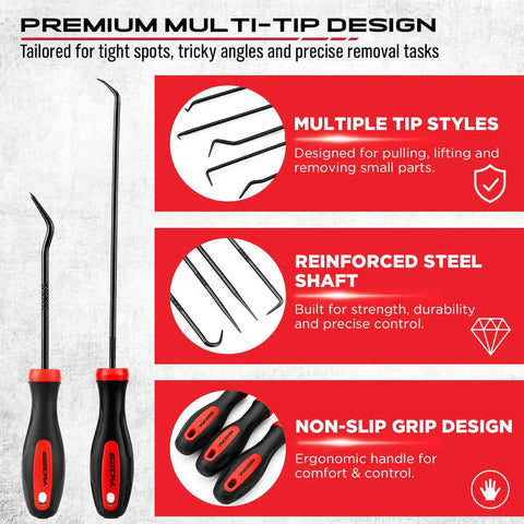 14 Piece Pick And Hook Tool Set with multi-tip design and non-slip handles for O-ring seal gasket and hose removal.