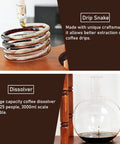Heavy Duty Ice Drip Cold Brew Coffee Maker With Solid Wood And Glass Tower Adjustable Stainless Steel Valve Quick Four To Six Hour Brew For Straight Up Smooth Chilled Sips At Home featuring drip snake and large capacity dissolver.