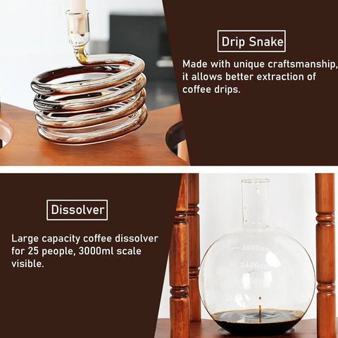 Drip snake and dissolver of Top Shelf Wood And Glass Ice Drip Cold Brew Coffee Maker Boasting 3000 Ml Capacity.