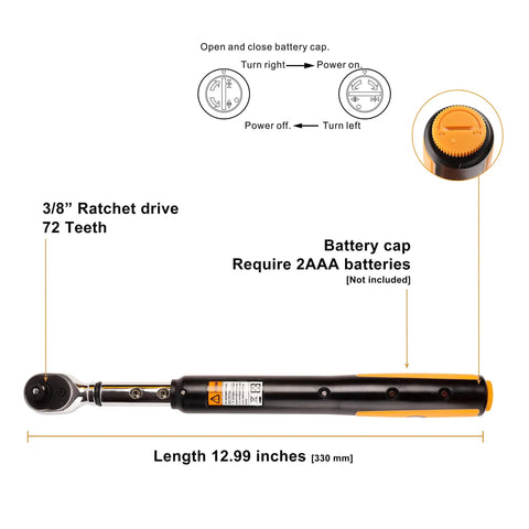 Three Eighth Inch Digital Torque Wrench With Buzzer And LED, Pro Grade Adjustable Torque Tool, showing battery cap and length.