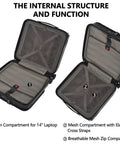 Open interior view of lightweight 16-inch carry-on luggage with dual laptop compartments, elastic cross straps, and mesh zip section.