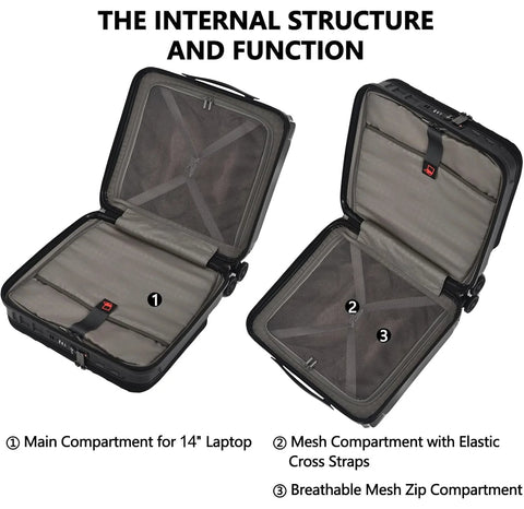 Open interior view of lightweight 16-inch carry-on luggage with dual laptop compartments, elastic cross straps, and mesh zip section.