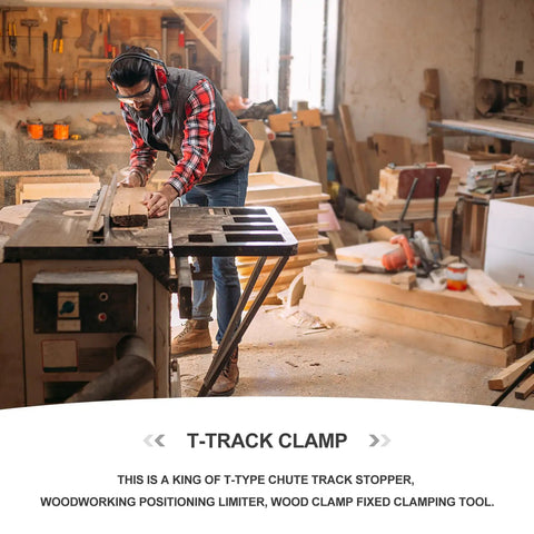 Carpenter using T-track clamp system in workshop, Woodworking Hold Down Clamp Set With T Slot Clips And Track Clamp System, tools visible.